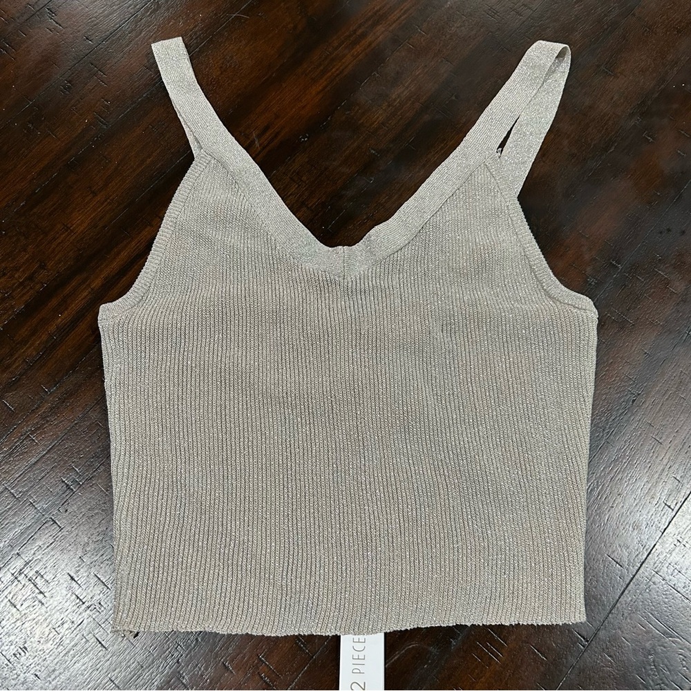 Medium House of Harlow Sparkle Ribbed Cropped Knit Tank Top - Beige